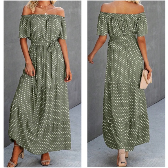 Boho Polka Dot Off Shoulder Ruffle hem Belted Maxi Dress - Picture 2 of 5